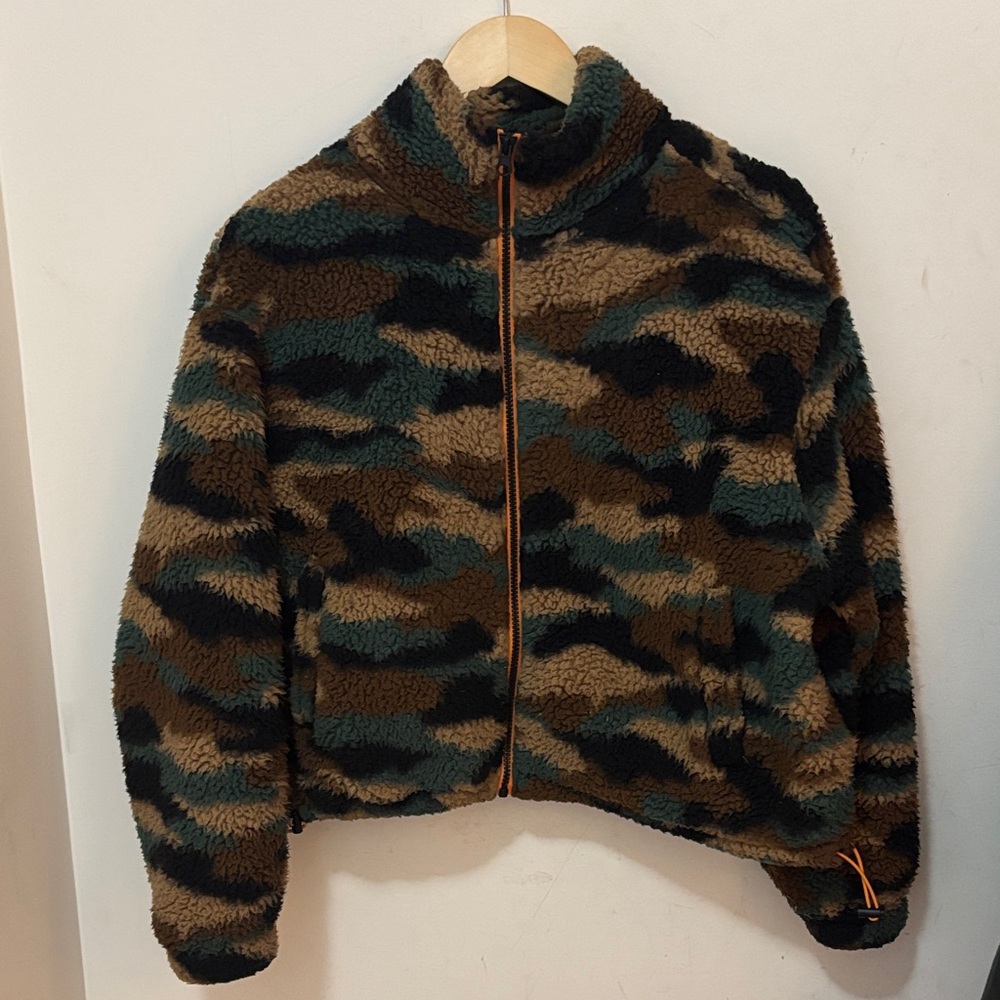 H&M Camouflage Fleece Jacket - Brown and Green with bright orange trim